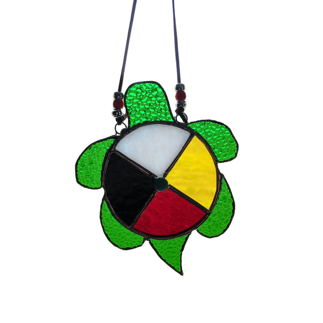 Green Stained Glass Turtle with Medicine Wheel and Turquoise