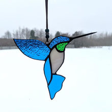 Load image into Gallery viewer, Blue &amp; Green Stained Glass Hummingbird Suncatcher