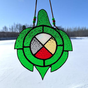 Green Stained Glass Turtle Suncatcher With Medicine Wheel