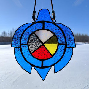 Blue Stained Glass Turtle Suncatcher With Medicine Wheel