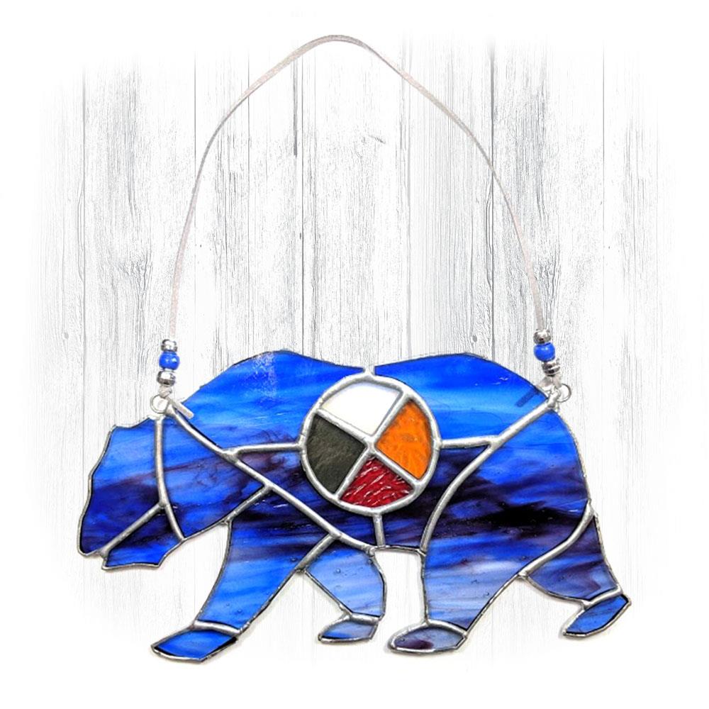Blue Stained Glass Bear Suncatcher With Medicine Wheel