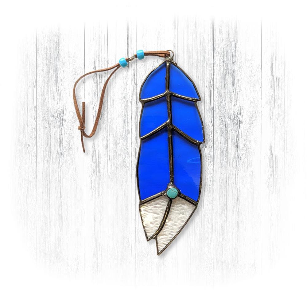 Blue Stained Glass Feather Suncatcher