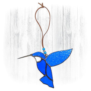 Blue Stained Glass Hummingbird Suncatcher