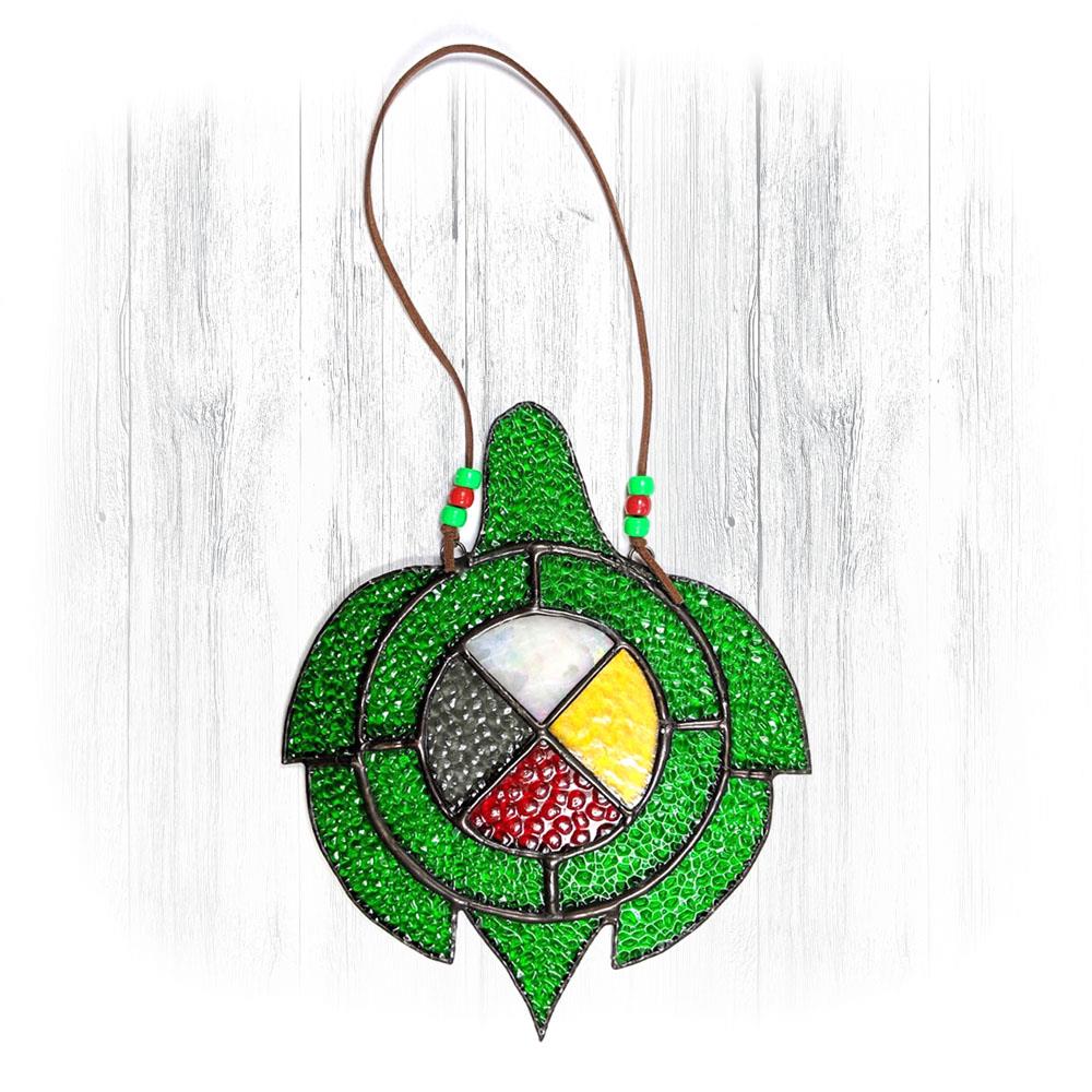 Green Stained Glass Turtle Suncatcher With Medicine Wheel