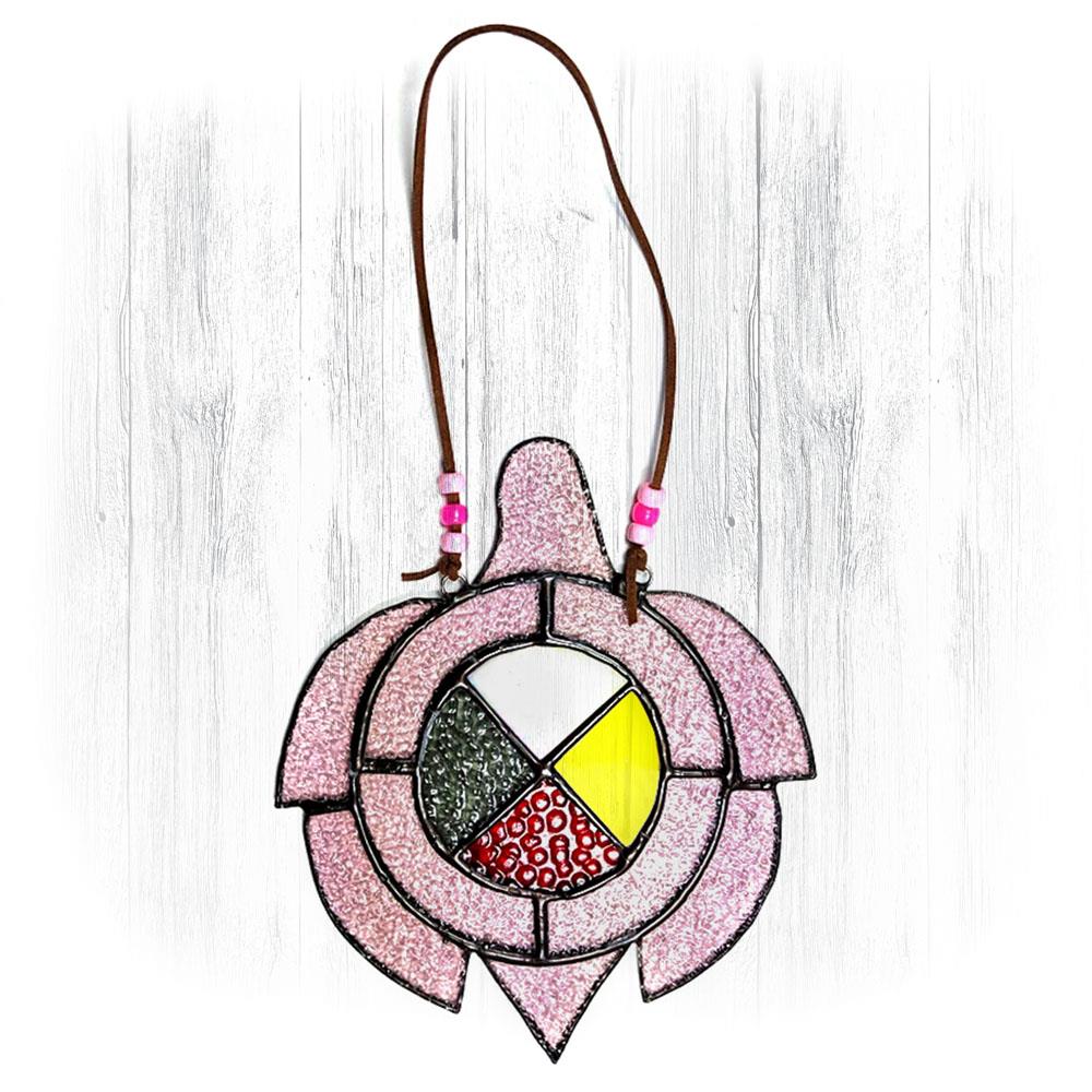 Pink Stained Glass Turtle Suncatcher With Medicine Wheel
