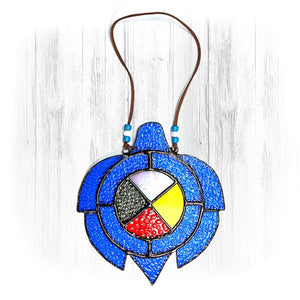 Blue Stained Glass Turtle Suncatcher With Medicine Wheel
