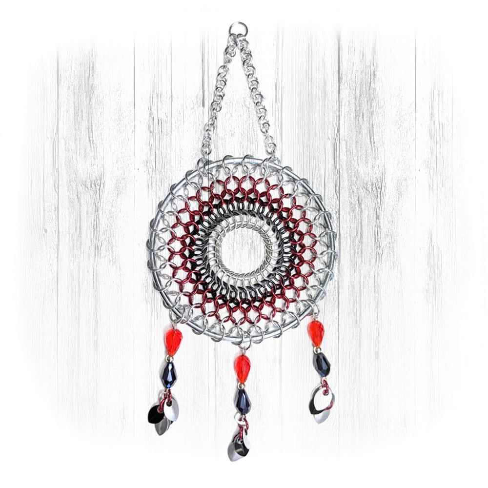 Handmade Chainmaille Dreamcatcher - Silver, Red & Black